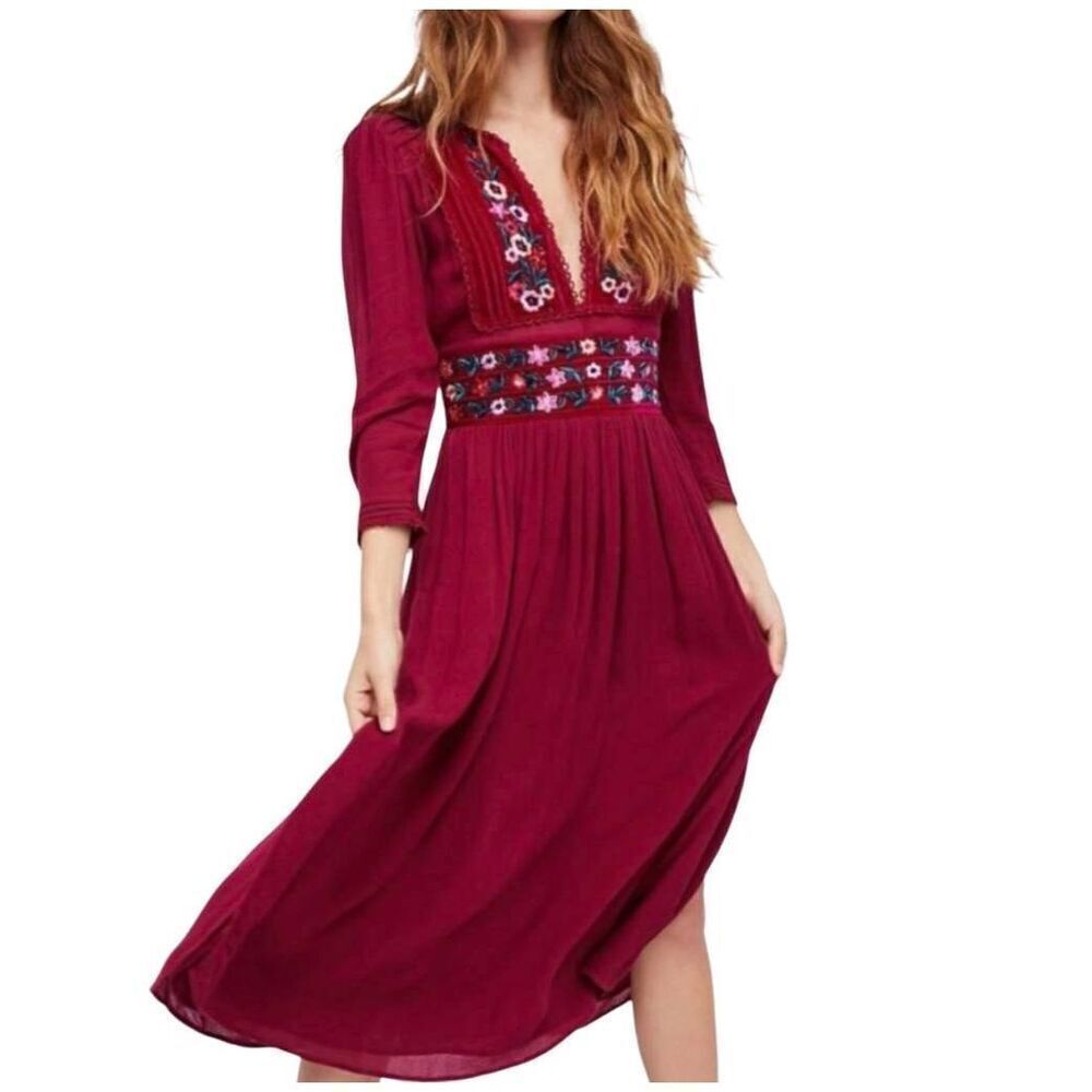 Free People embroidered floral midi dress in raspberry size XSmall